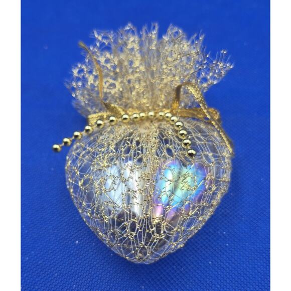 Vintage Glass Heart Ornament in Gold Netting 4" - Picture 1 of 4